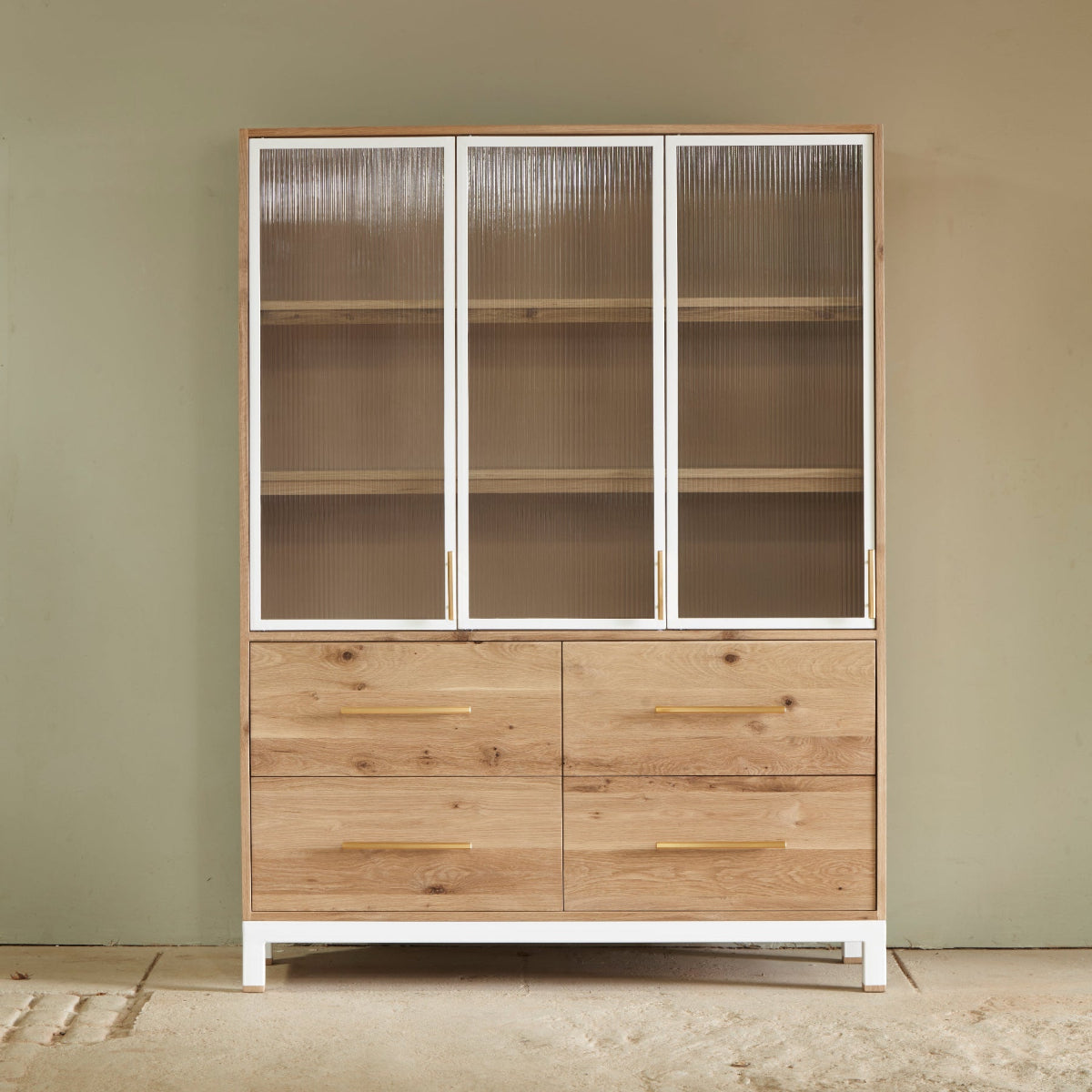 Solid Oak display cabinet with fluted glass doors and soft close drawers