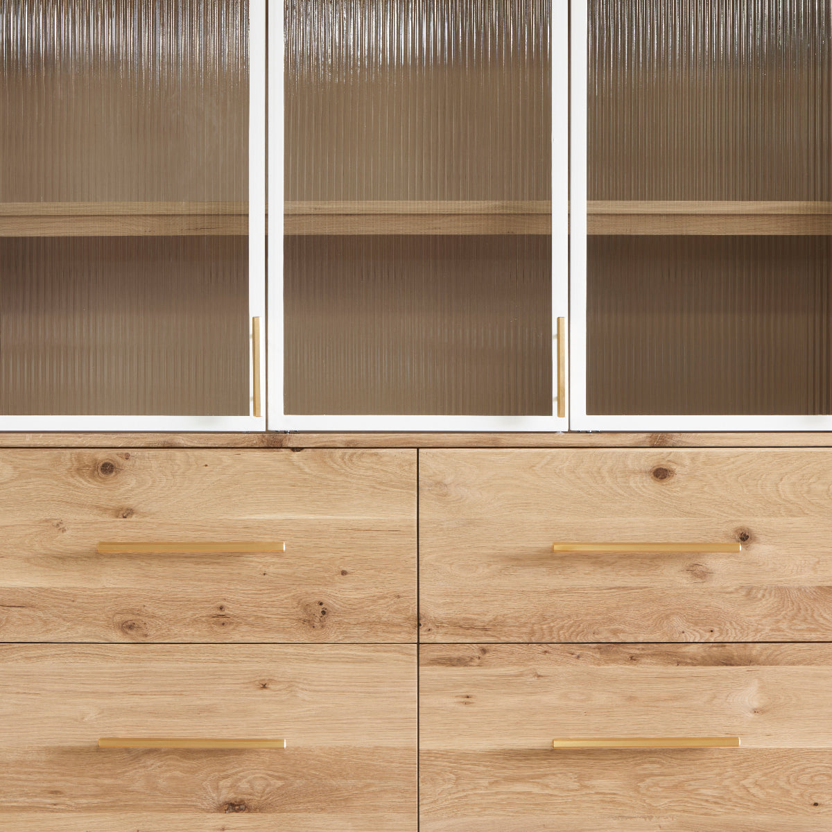 Solid Oak display cabinet with fluted glass doors and soft close drawers