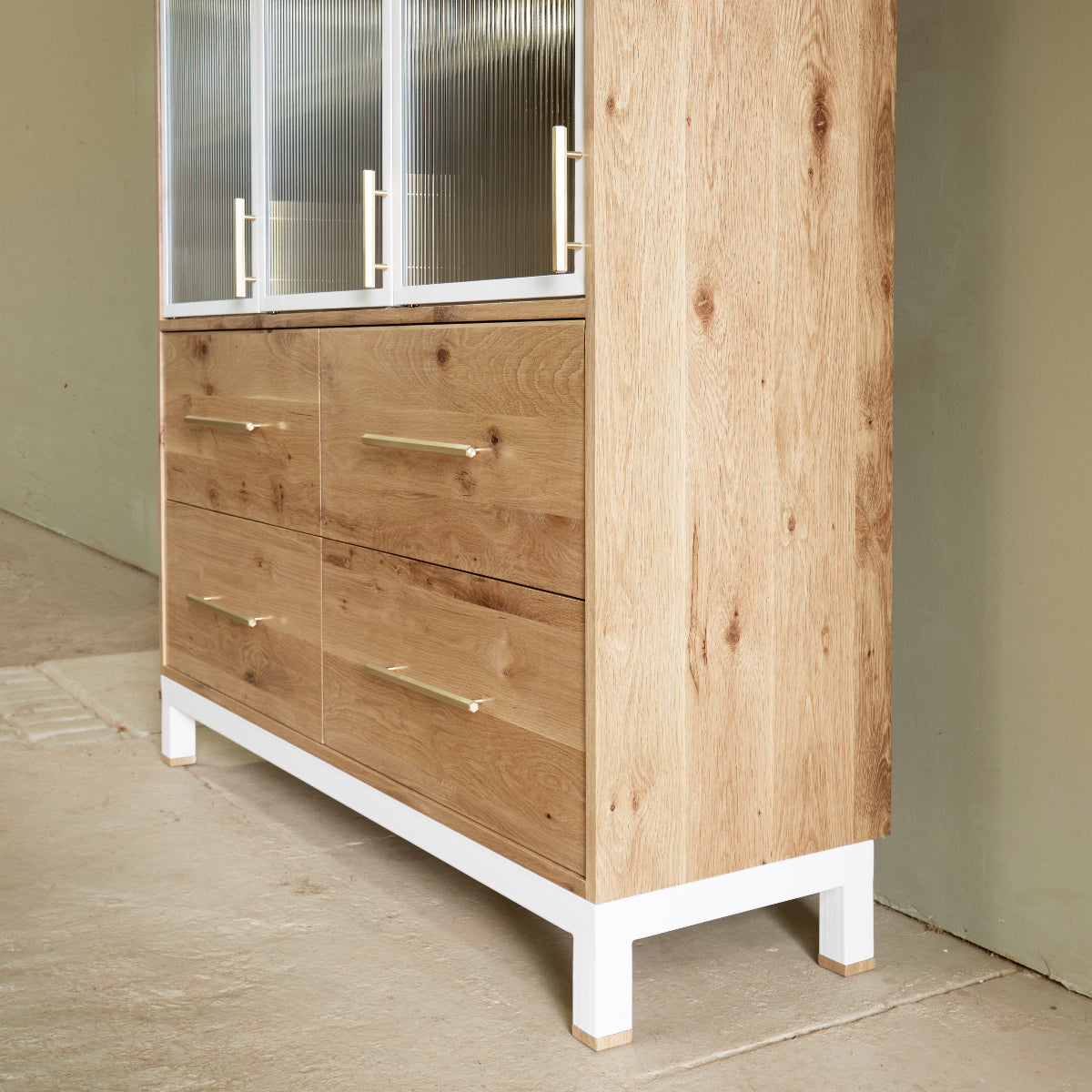 Solid Oak display cabinet with fluted glass doors and soft close drawers