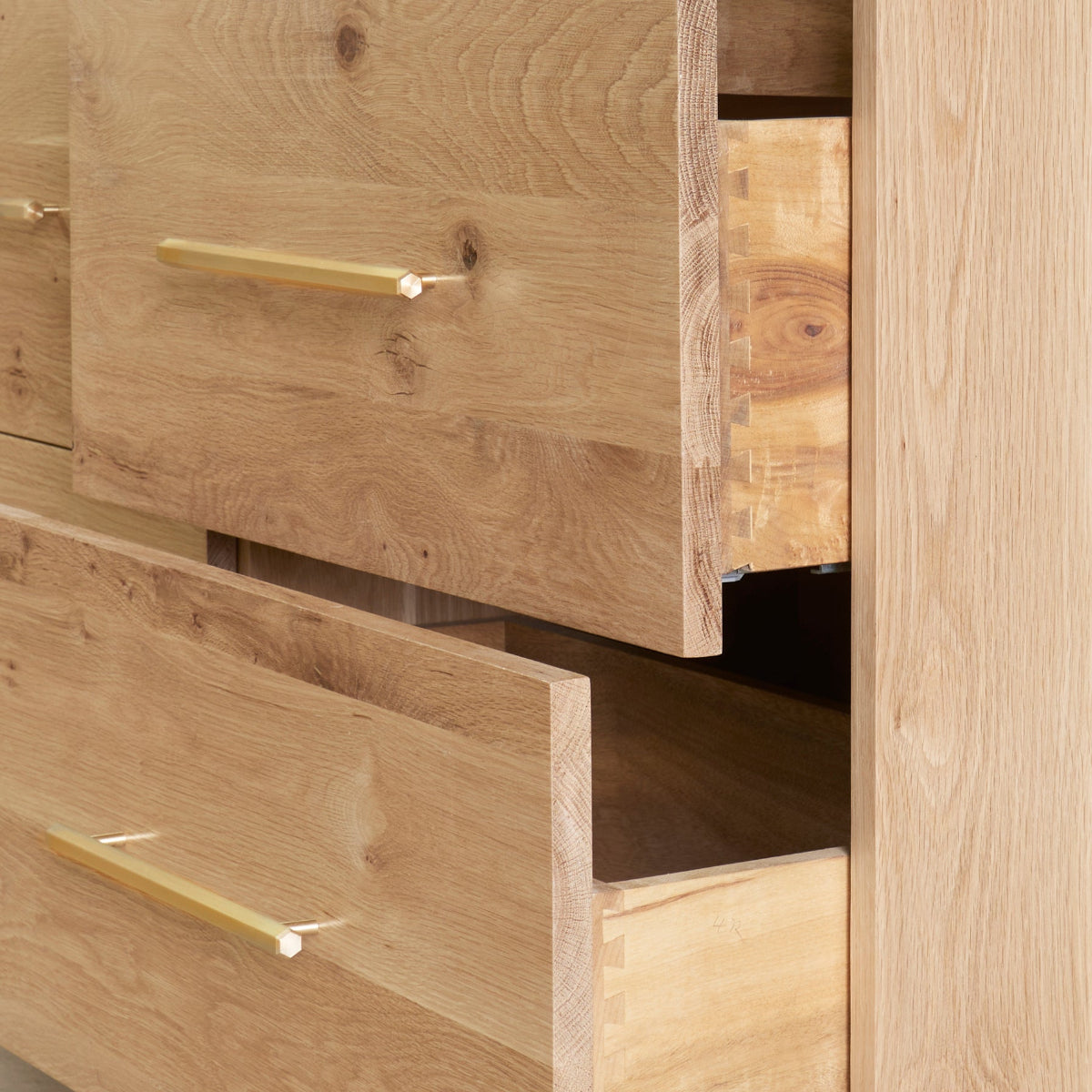 Solid Oak display cabinet with fluted glass doors and soft close drawers