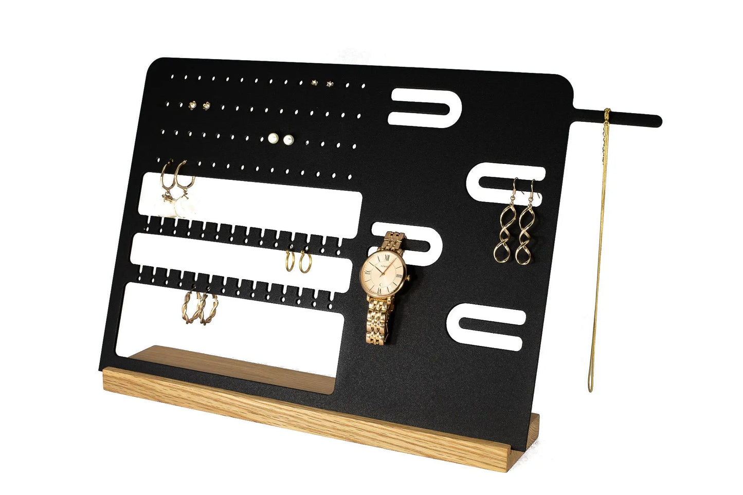 Aluminum and wood jewelry stand