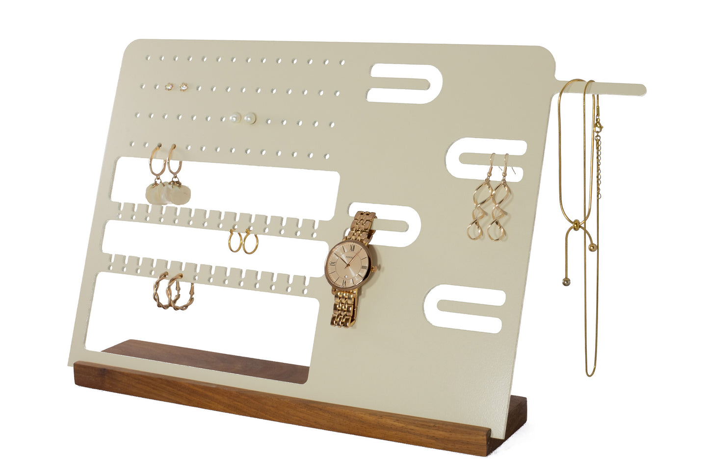 Aluminum and wood jewelry stand