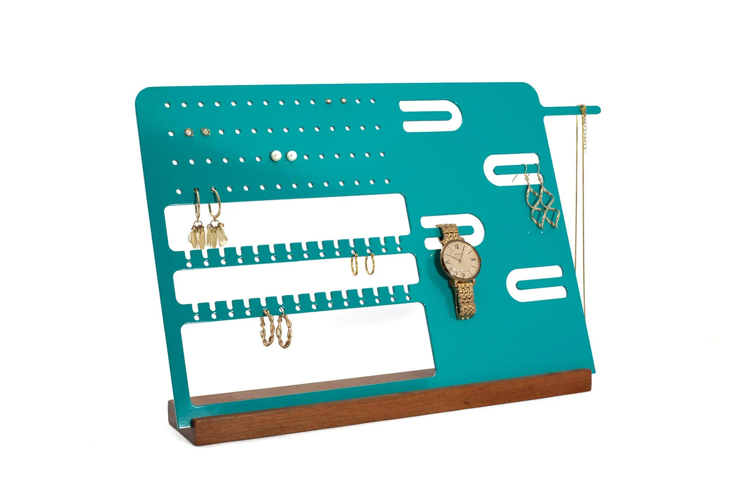 Aluminum and wood jewelry stand