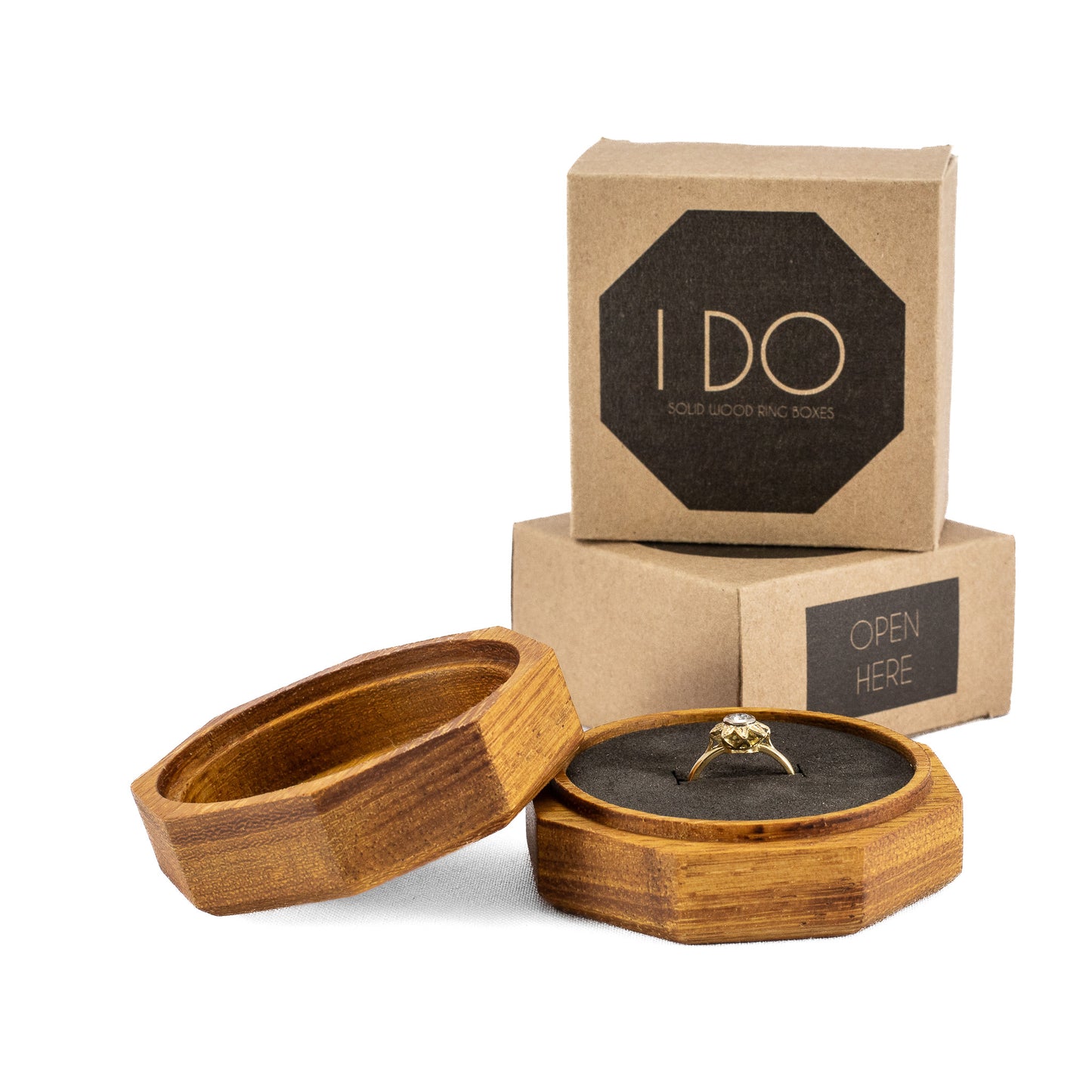 Custom Iroko solid wood octagon ring box