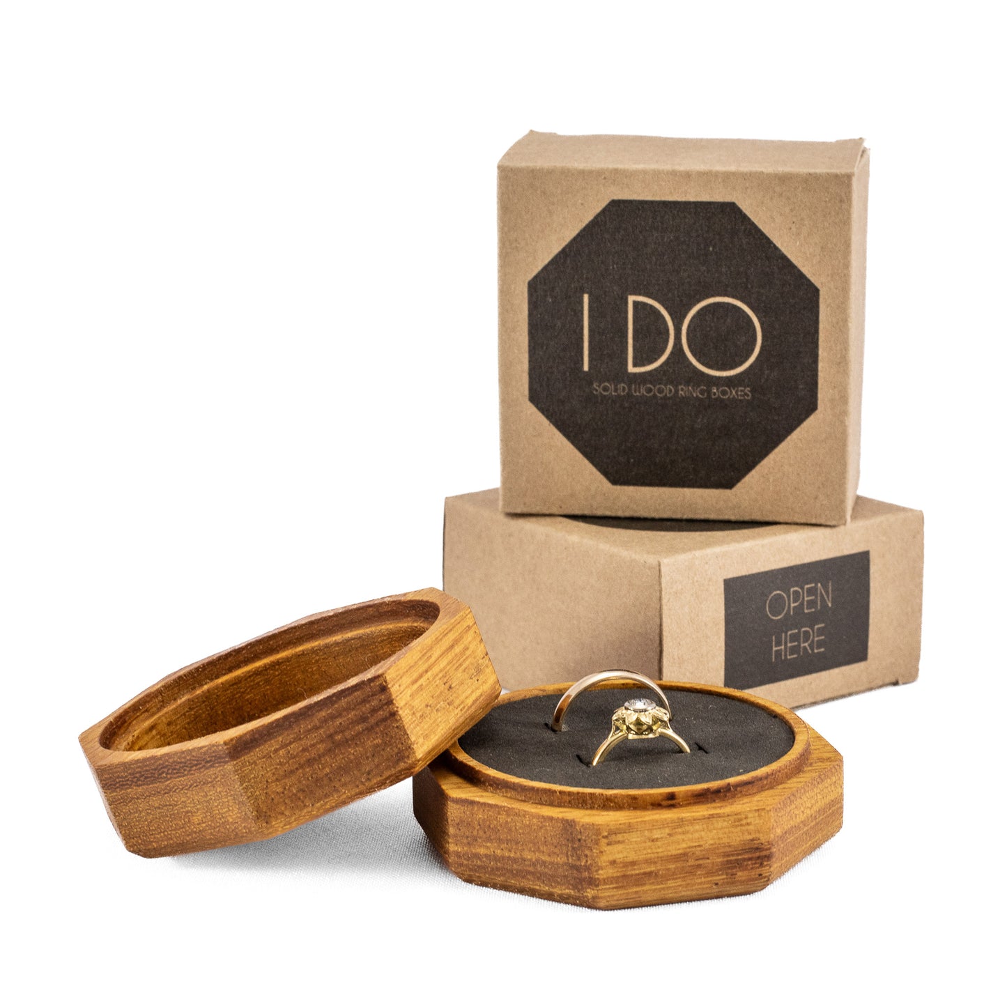 Custom Iroko solid wood octagon ring box