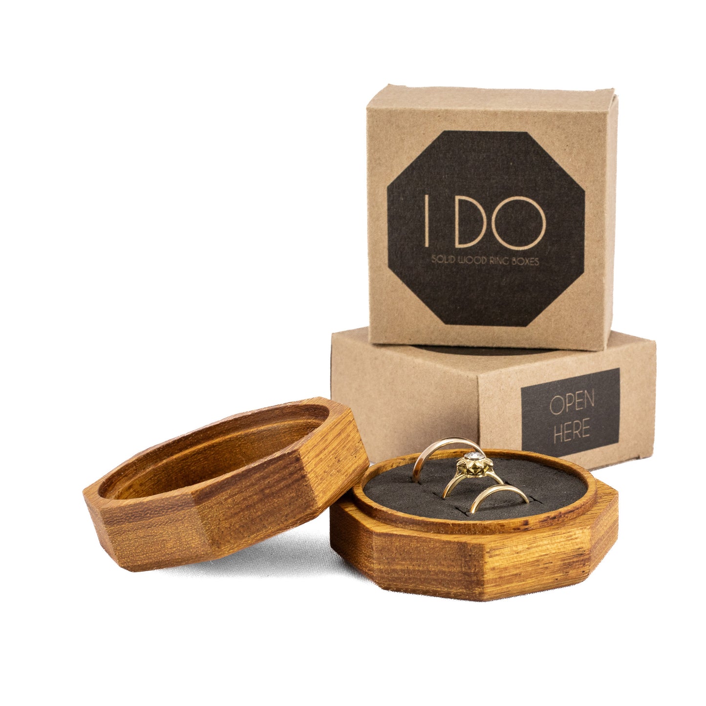 Custom Iroko solid wood octagon ring box