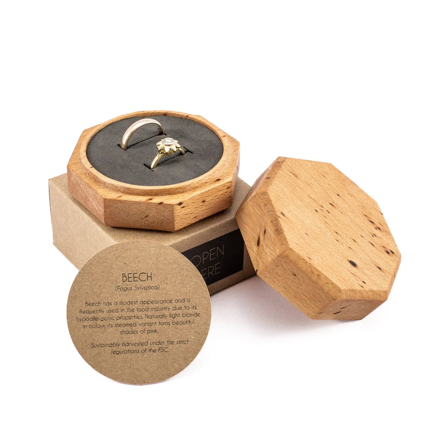 Beech solid wood octagon ring box