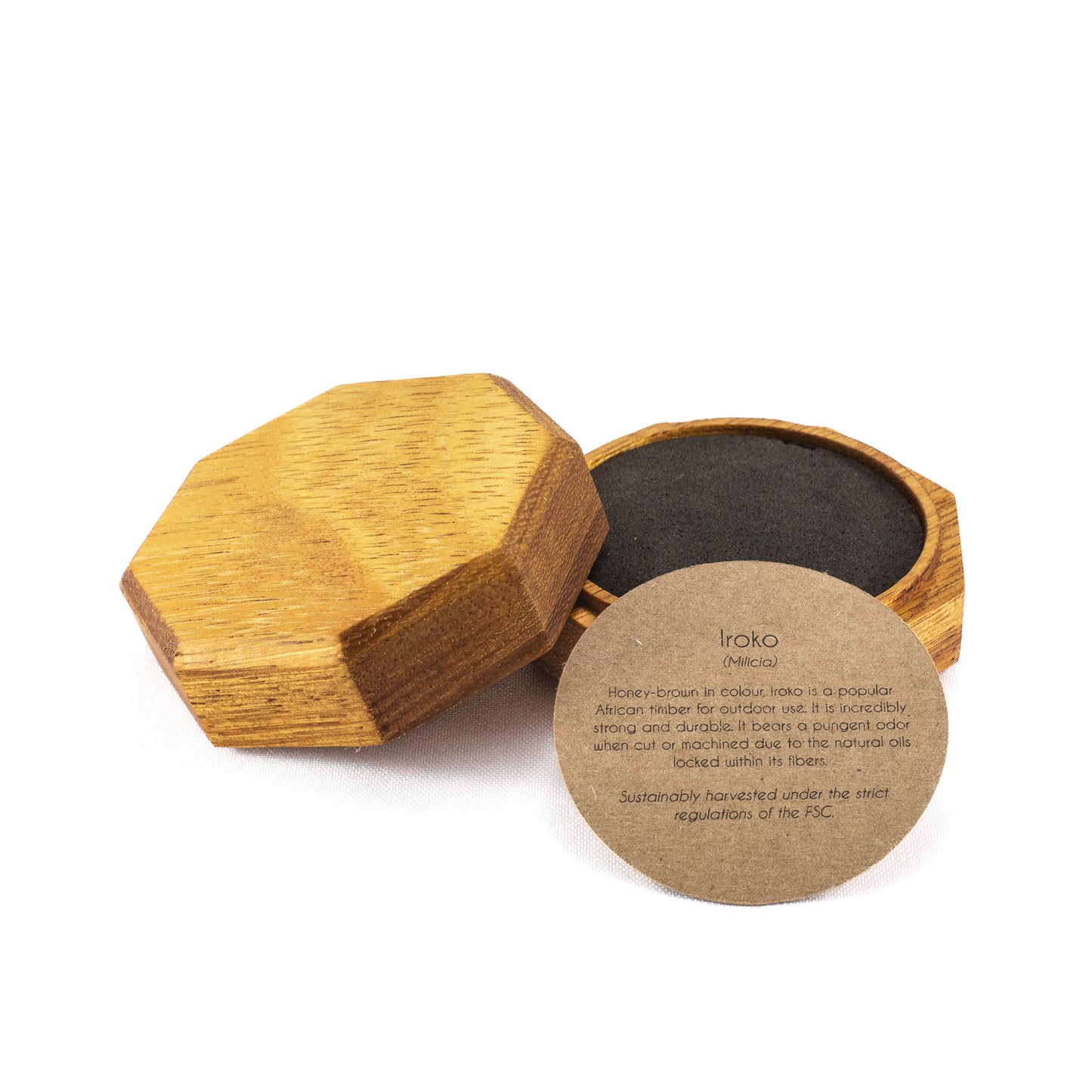 Custom Iroko solid wood octagon ring box