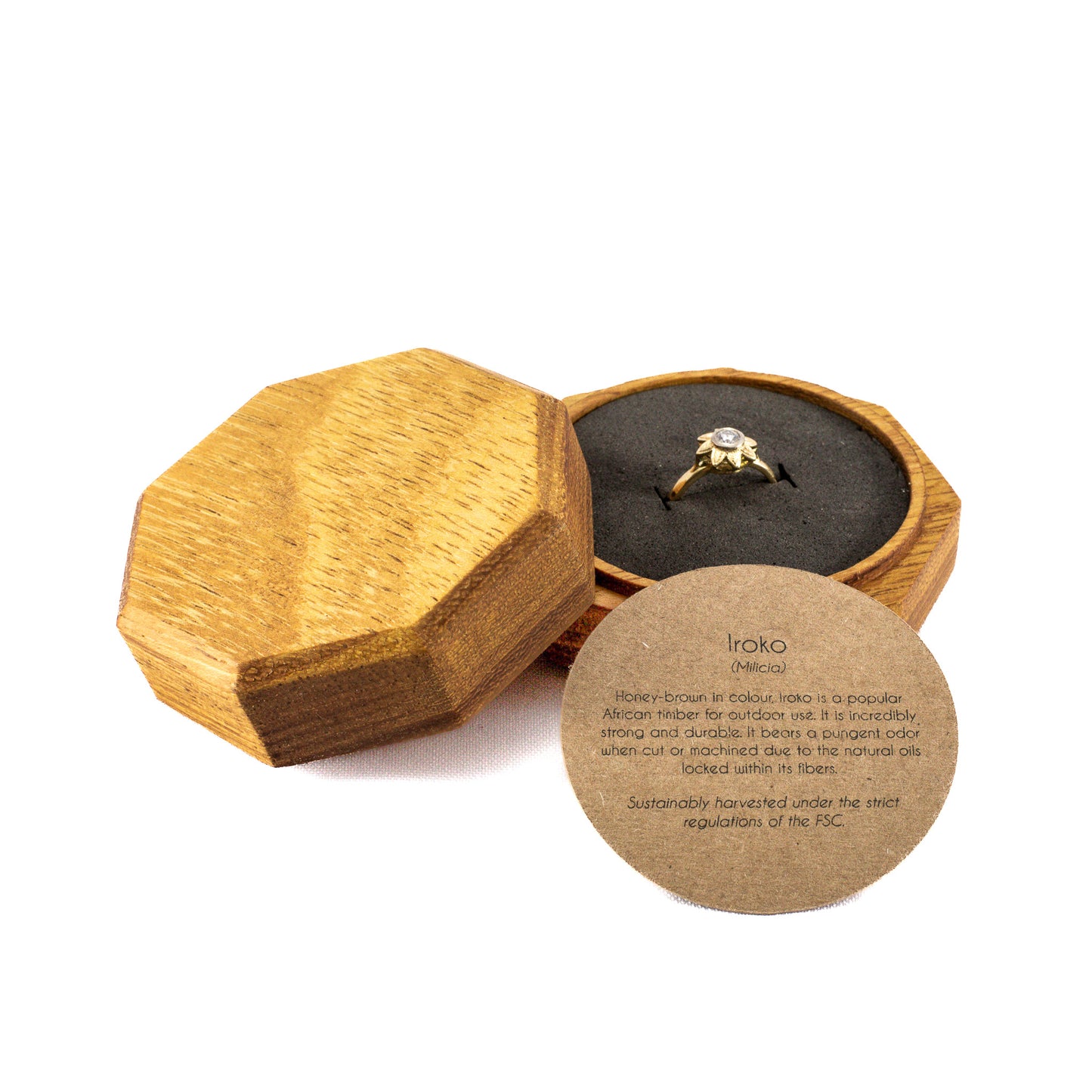 Custom Iroko solid wood octagon ring box