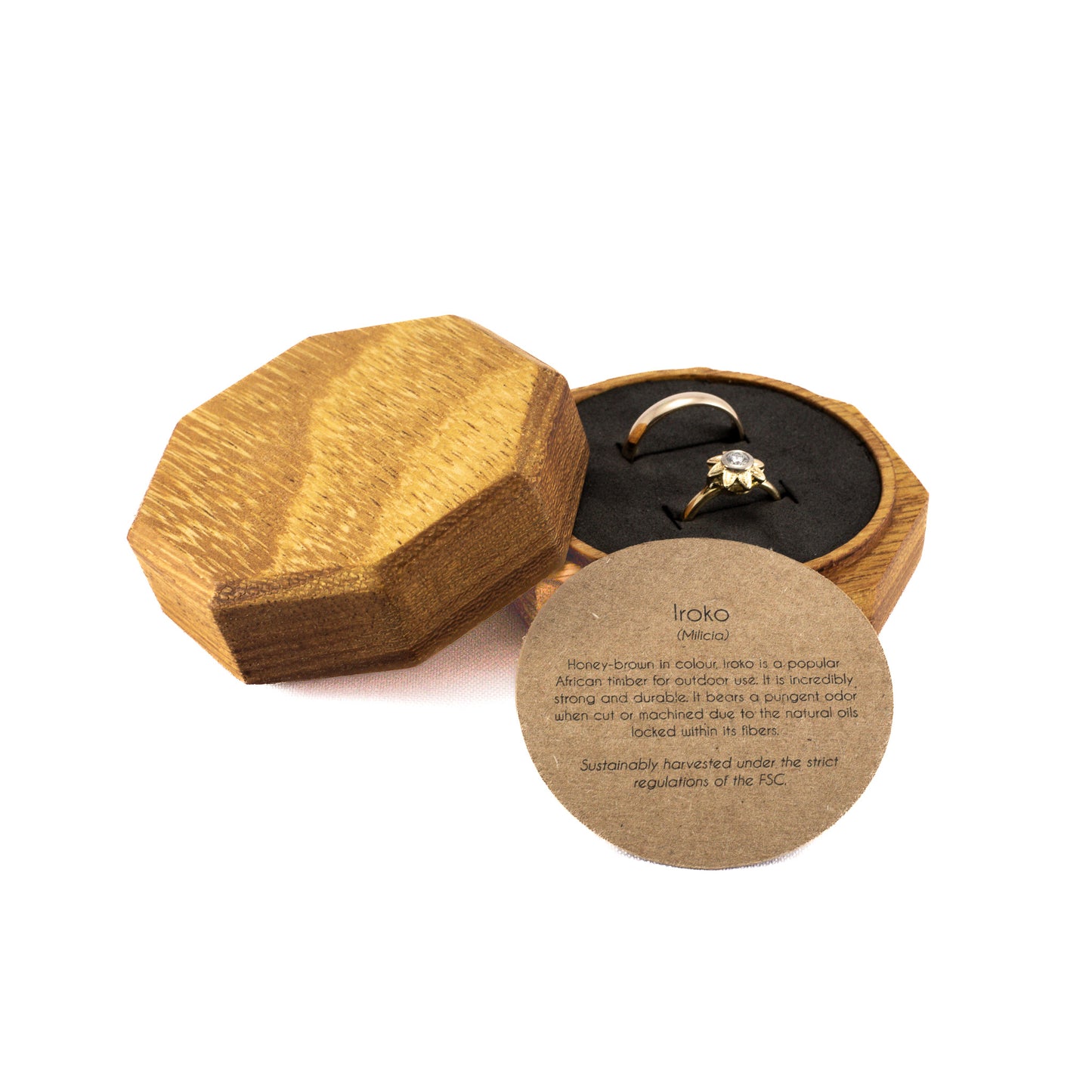 Custom Iroko solid wood octagon ring box
