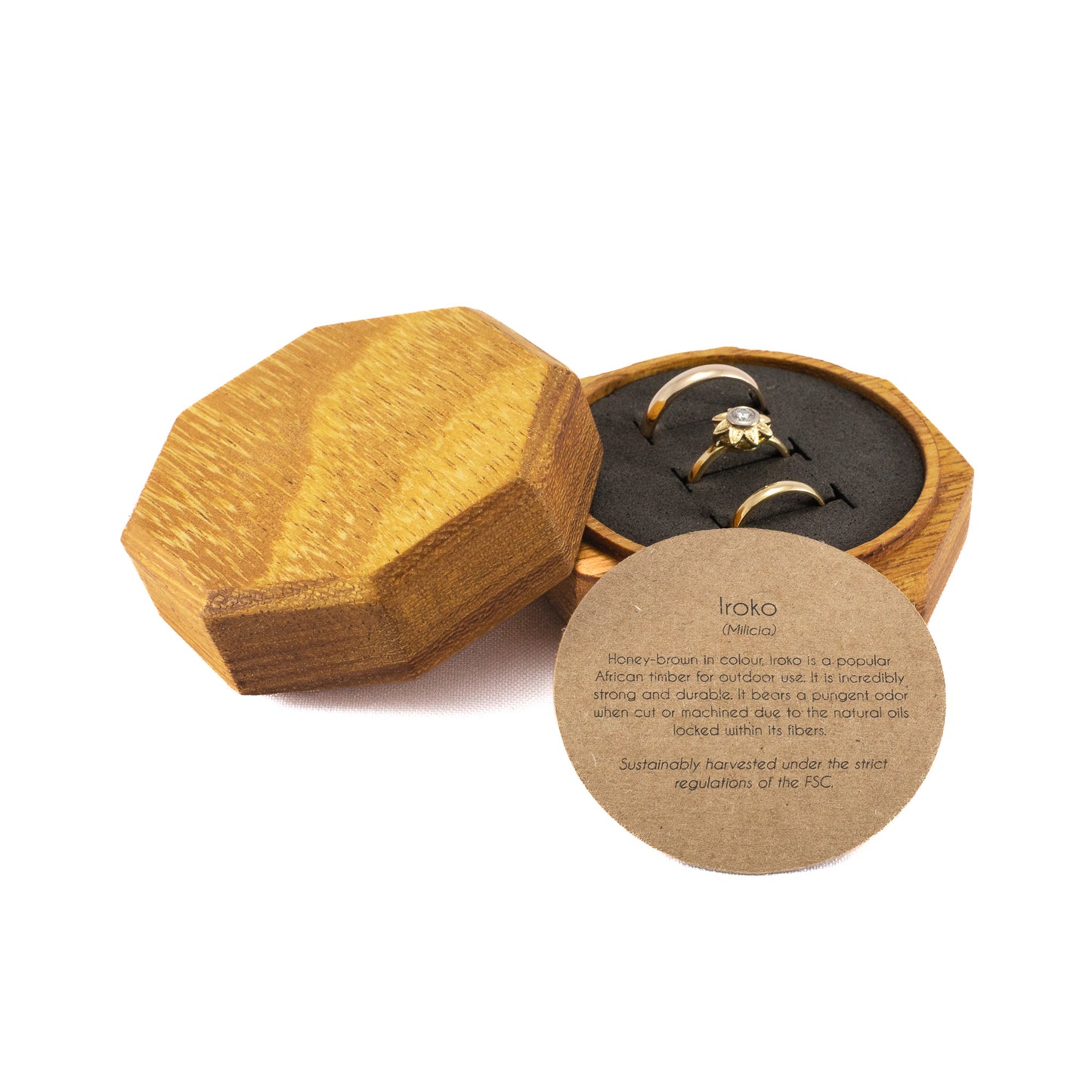 Custom Iroko solid wood octagon ring box