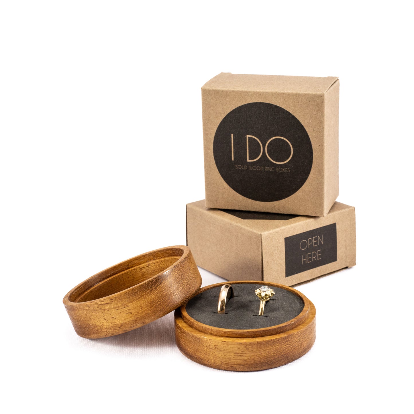 Custom Iroko solid wood round ring box