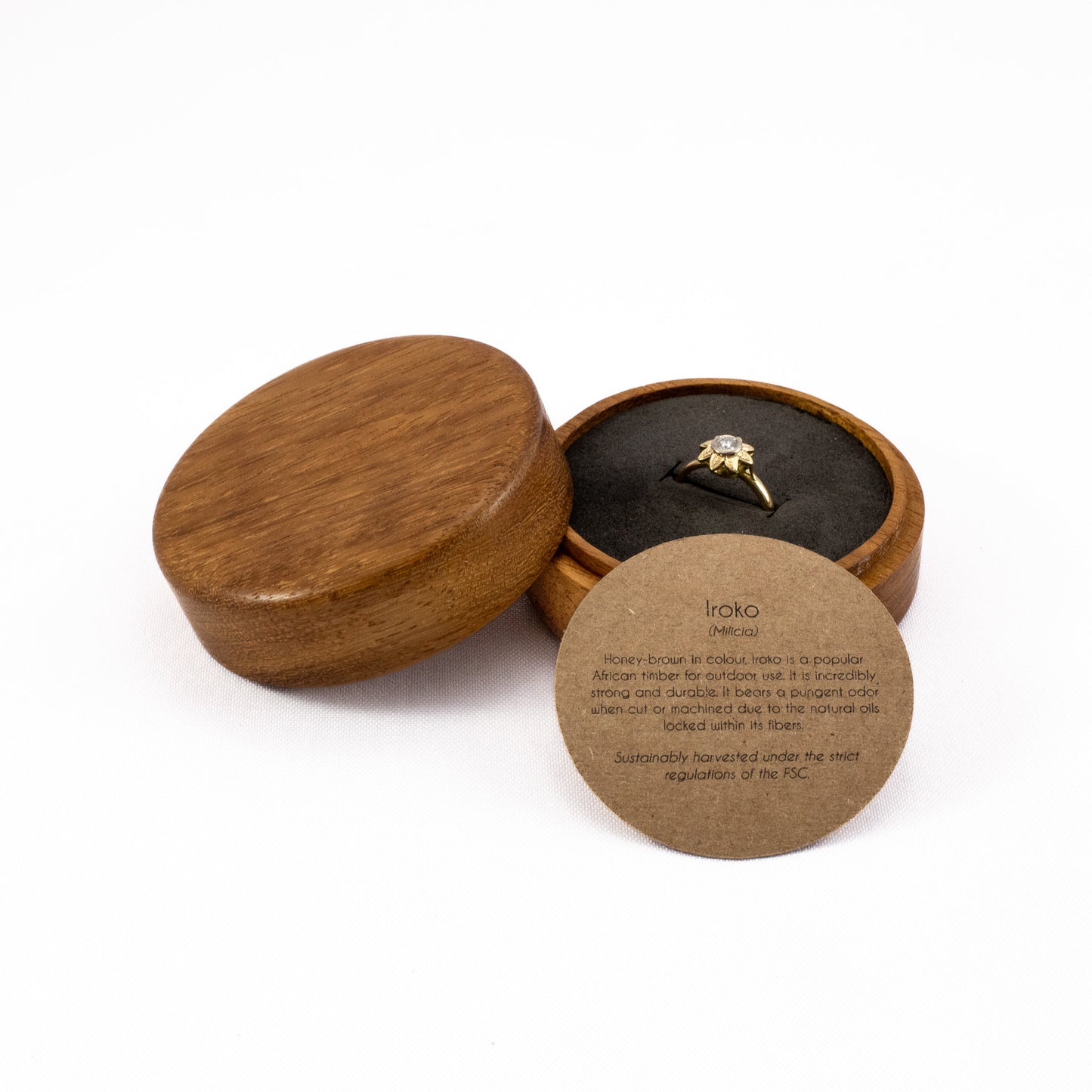 Custom Iroko solid wood round ring box
