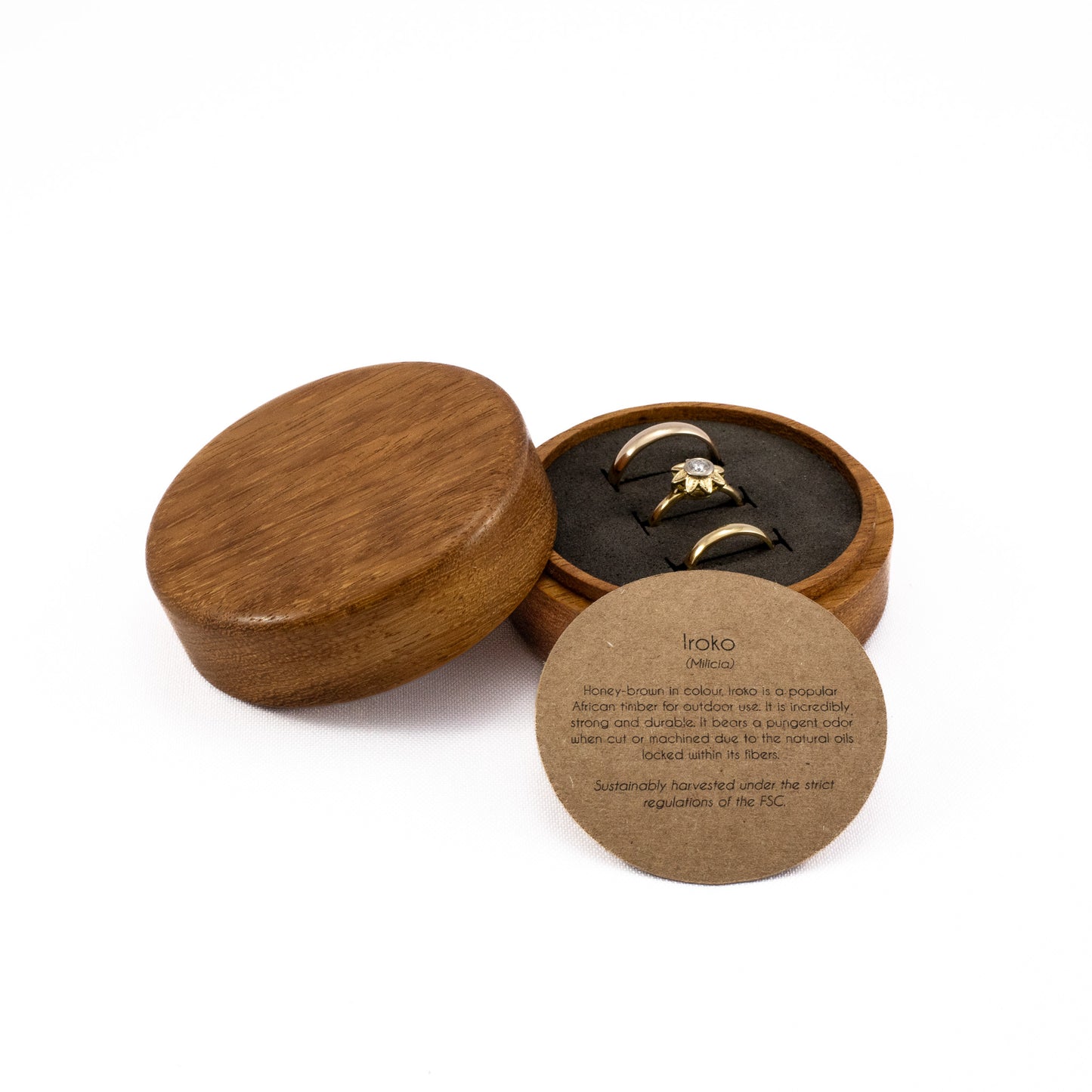 Custom Iroko solid wood round ring box