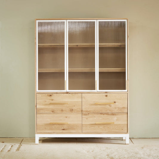 Solid Oak display cabinet with fluted glass doors and soft close drawers 