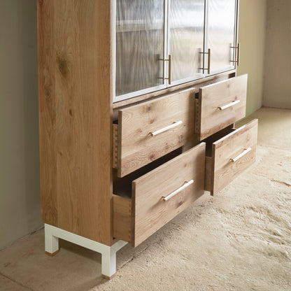Solid Oak display cabinet with fluted glass doors and soft close drawers 