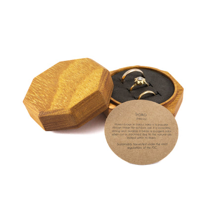Custom Iroko solid wood octagon ring box 
