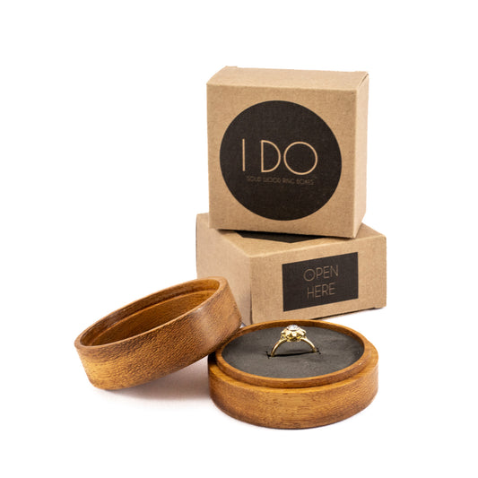 Custom Iroko solid wood round ring box 