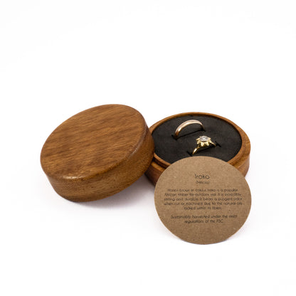 Custom Iroko solid wood round ring box 